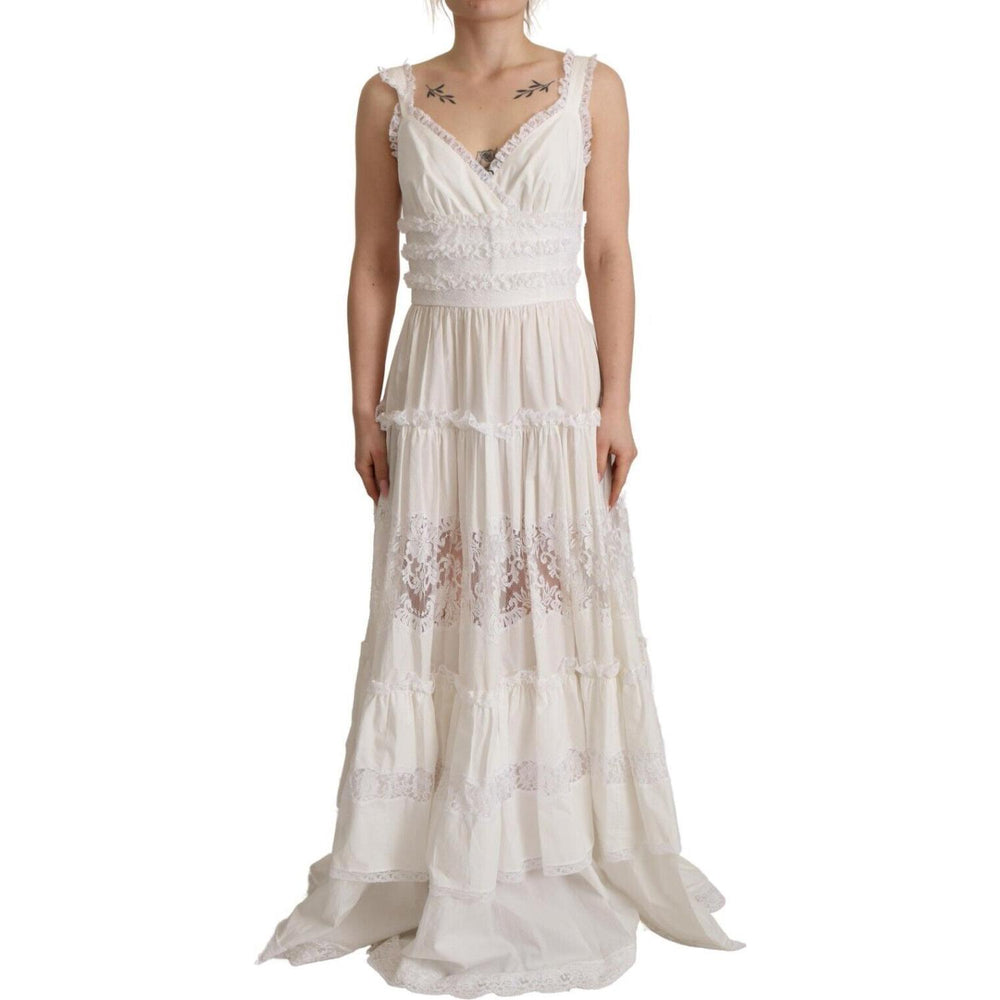 Dolce & Gabbana White Cotton Tiered Long Maxi A-line Dress DR28641 - 40