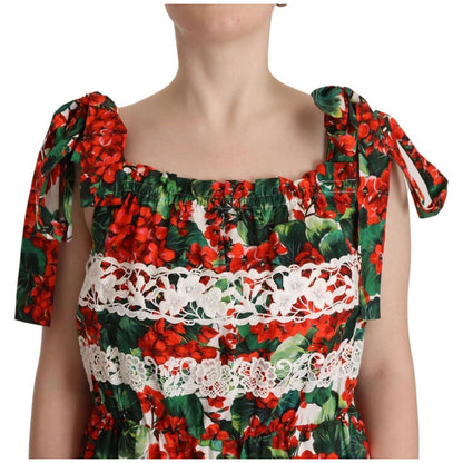 Dolce & Gabbana Multicolor Geranium Print Lace Long Maxi Dress