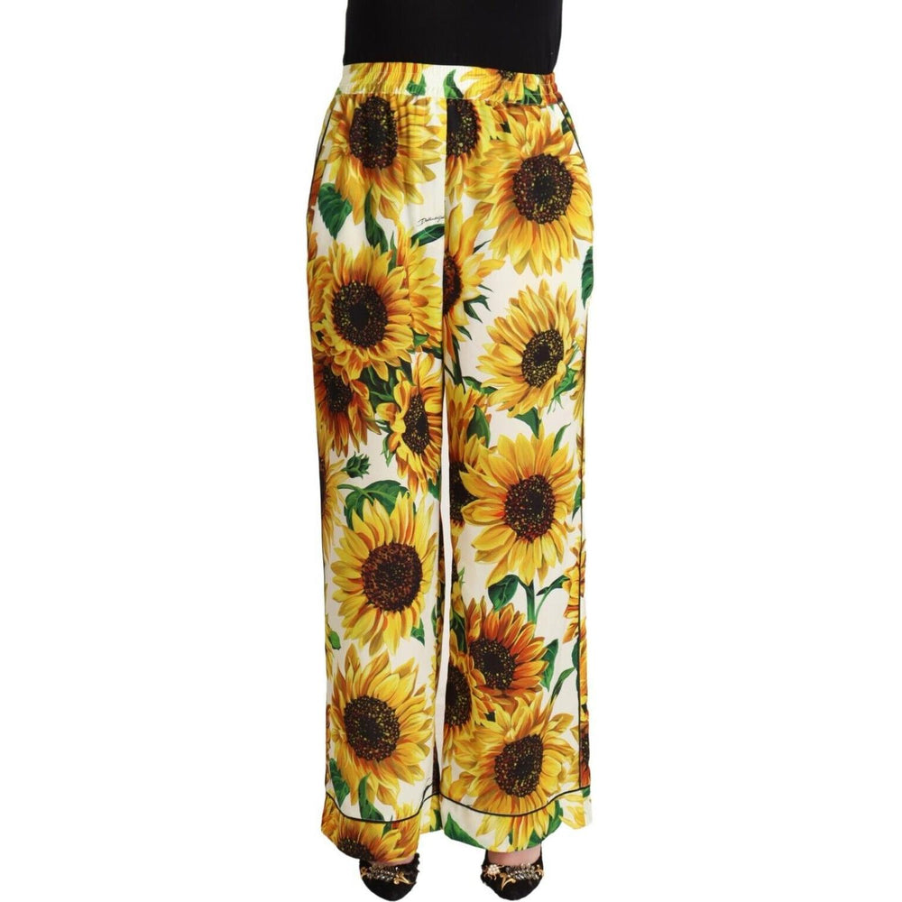 Dolce & Gabbana White Sunflower Print Mid Waist Wide Leg Pants PAN72782 - 40