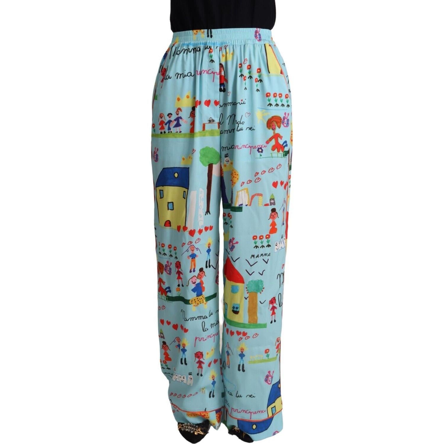 Dolce & Gabbana Light Blue Drawing Mid Waist Wide Leg Pants