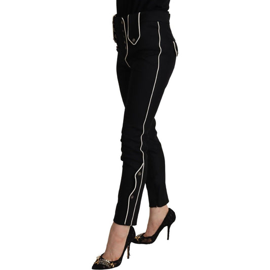 Dolce & Gabbana Black Mid Waist Button Embellished Slim Fit Pants