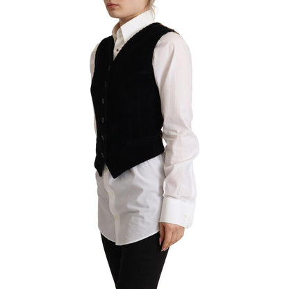 Dolce & Gabbana Black V-neck Leopard Corduroy Button Vest Top 1728,67345645728,Black,Clothing,Dolce & Gabbana,IT40|S,Material: 59% Cotton 39% Polyester 2% Elastane,New with tags,Suits & Blazers - Clothing,Vests - Women - Clothing,Waistcoats - Suits & Blaz