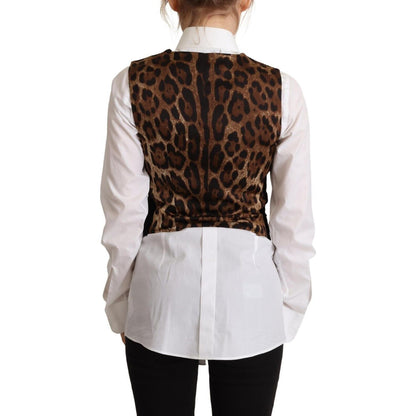 Dolce & Gabbana Black V-neck Leopard Corduroy Button Vest Top 1728,67345645728,Black,Clothing,Dolce & Gabbana,IT40|S,Material: 59% Cotton 39% Polyester 2% Elastane,New with tags,Suits & Blazers - Clothing,Vests - Women - Clothing,Waistcoats - Suits & Blaz
