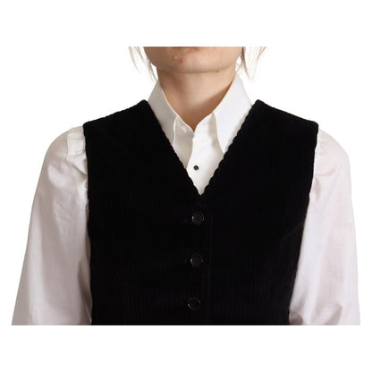Dolce & Gabbana Black V-neck Leopard Corduroy Button Vest Top 1728,67345645728,Black,Clothing,Dolce & Gabbana,IT40|S,Material: 59% Cotton 39% Polyester 2% Elastane,New with tags,Suits & Blazers - Clothing,Vests - Women - Clothing,Waistcoats - Suits & Blaz