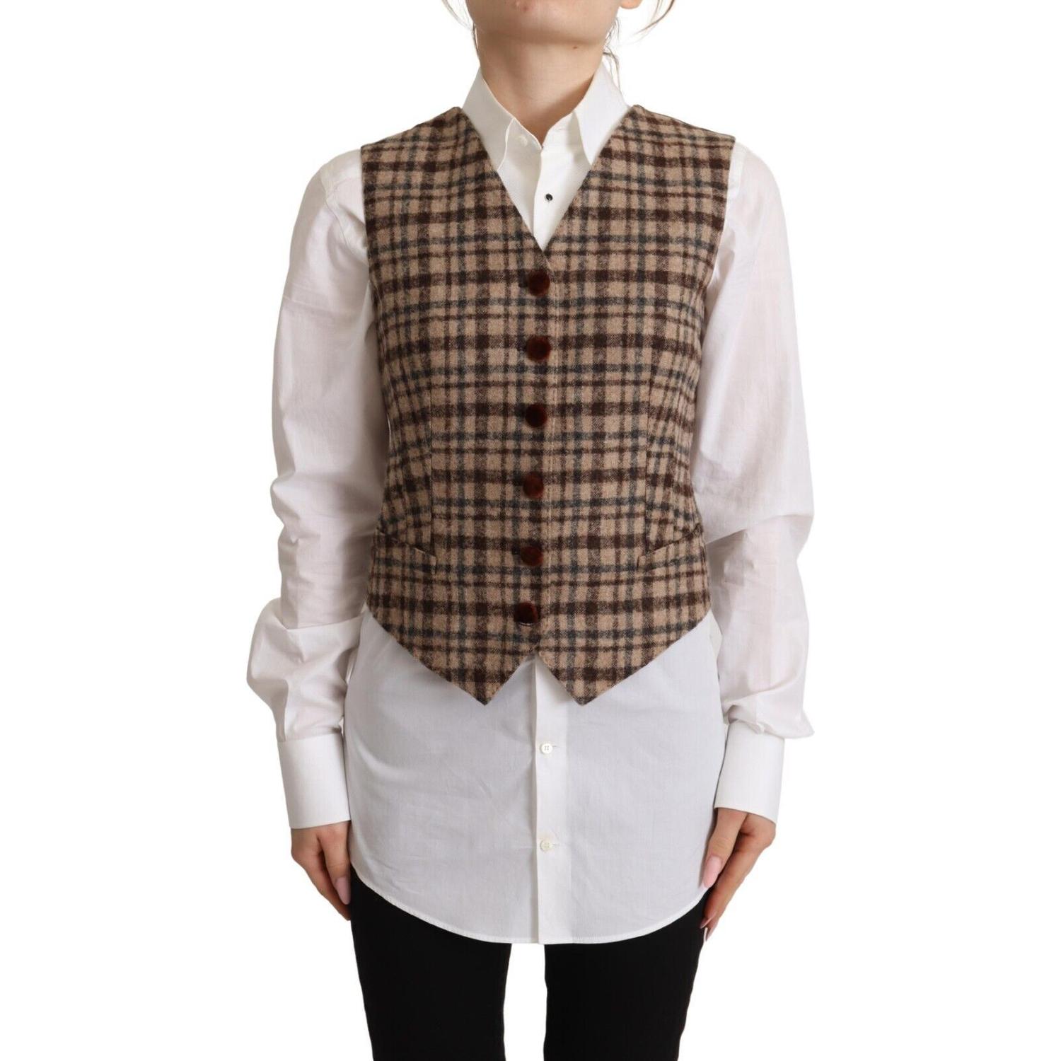 优雅格纹 V 领无袖背心