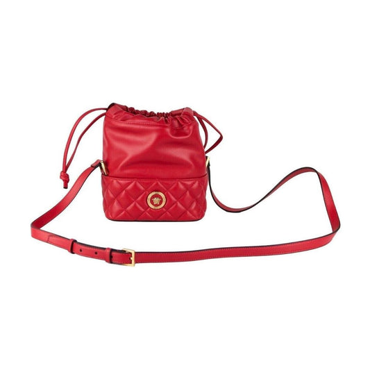 Versace Red Quilted Leather Drawstring Shoulder Bag Bucket Crossbody Handbag 39432