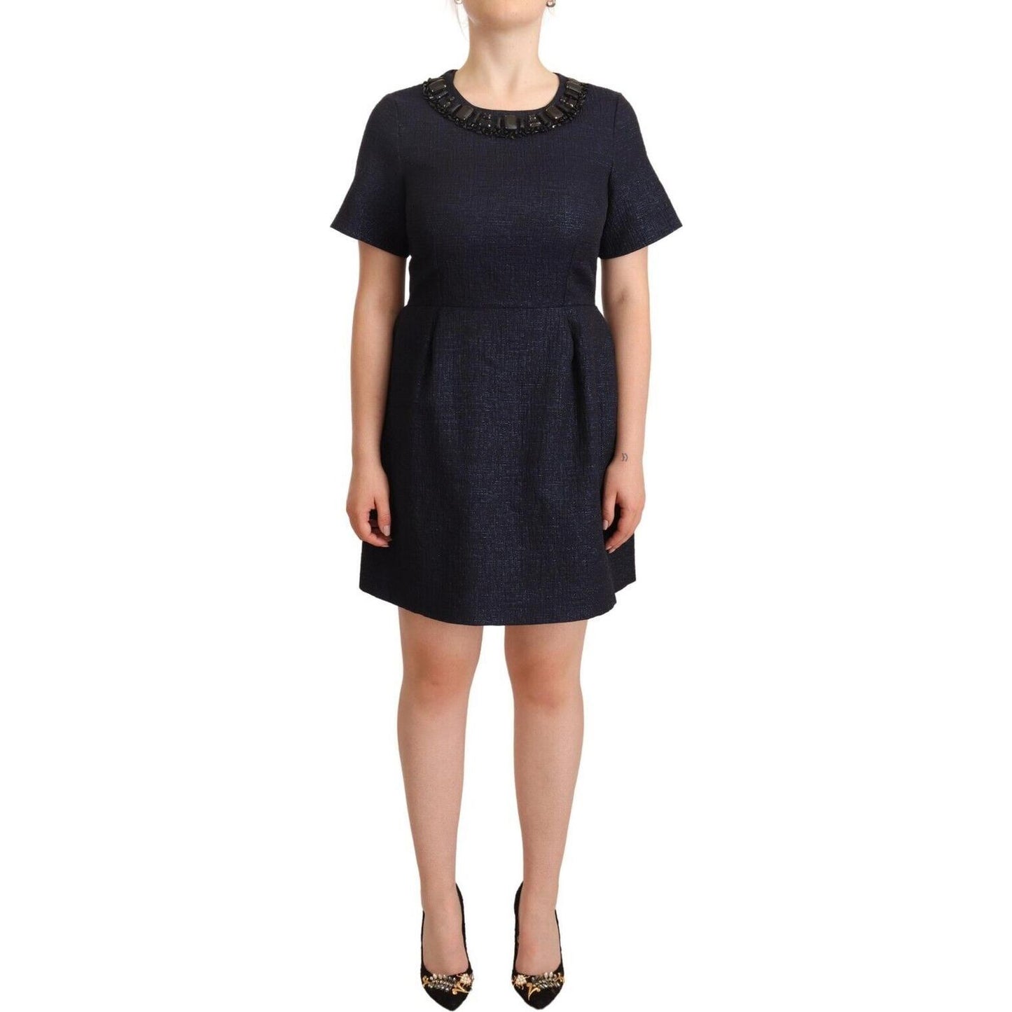 L'Autre Chose Black Embellished Short Sleeves Mini A-line Dress