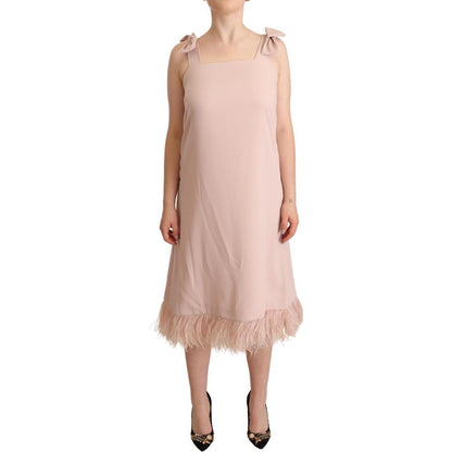 P.A.R.O.S.H. Pink Polyester Sleeveless Midi Feather Shift Dress
