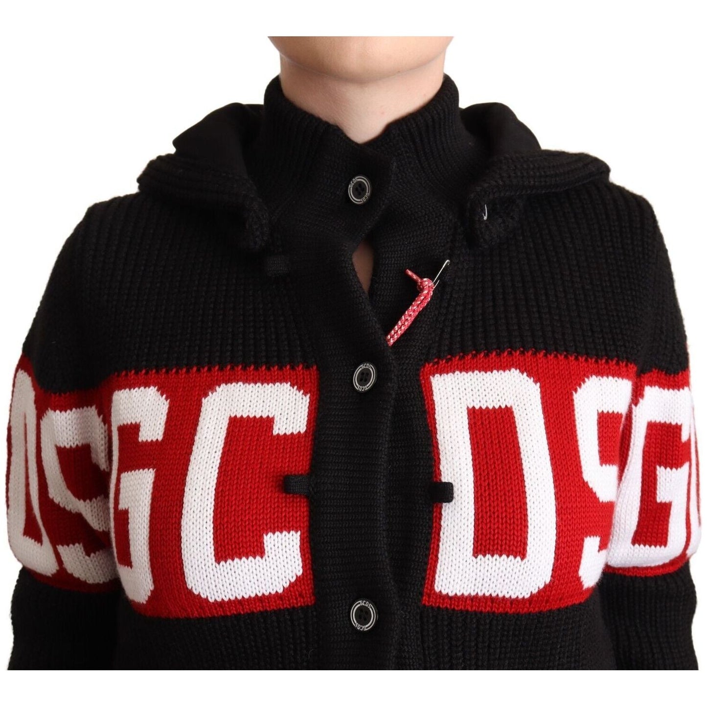 GCDS Black Cashmere Hooded Button Down Logo Cardigan Jacket