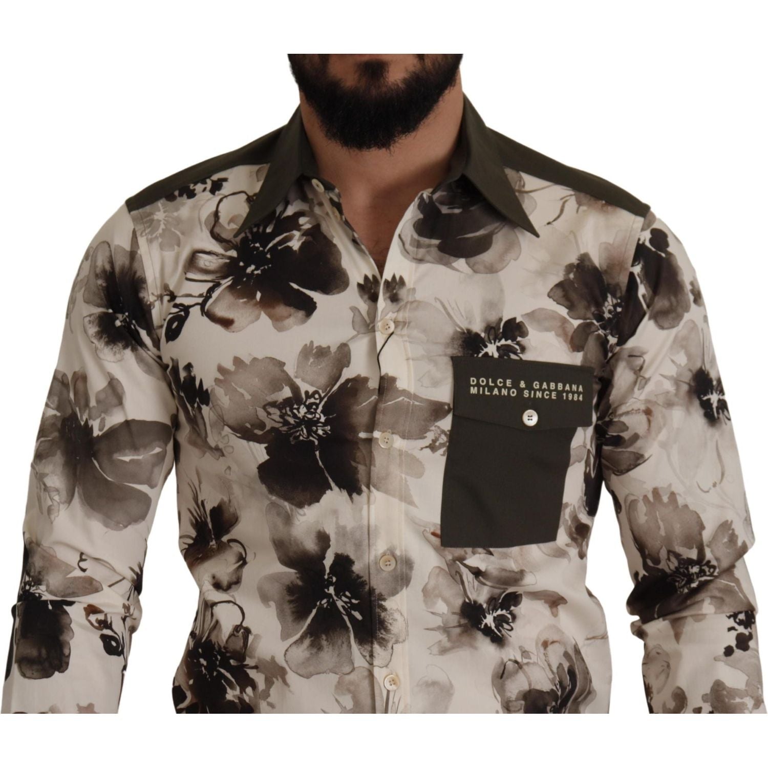 Dolce & Gabbana Green Beige Floral Cotton Stretch Exclusive Shirt