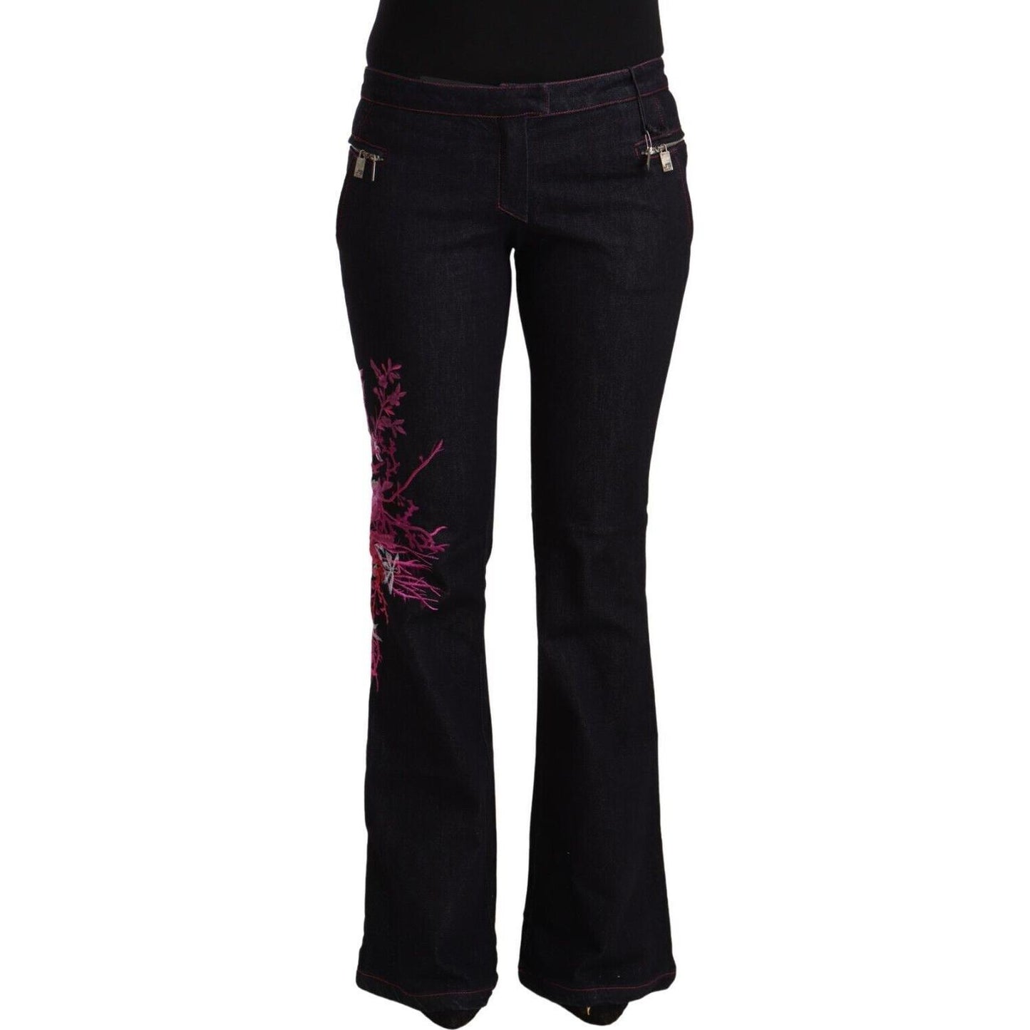 Exte Black Cotton Stretch Mid Waist Cotton Flared Denim Jeans