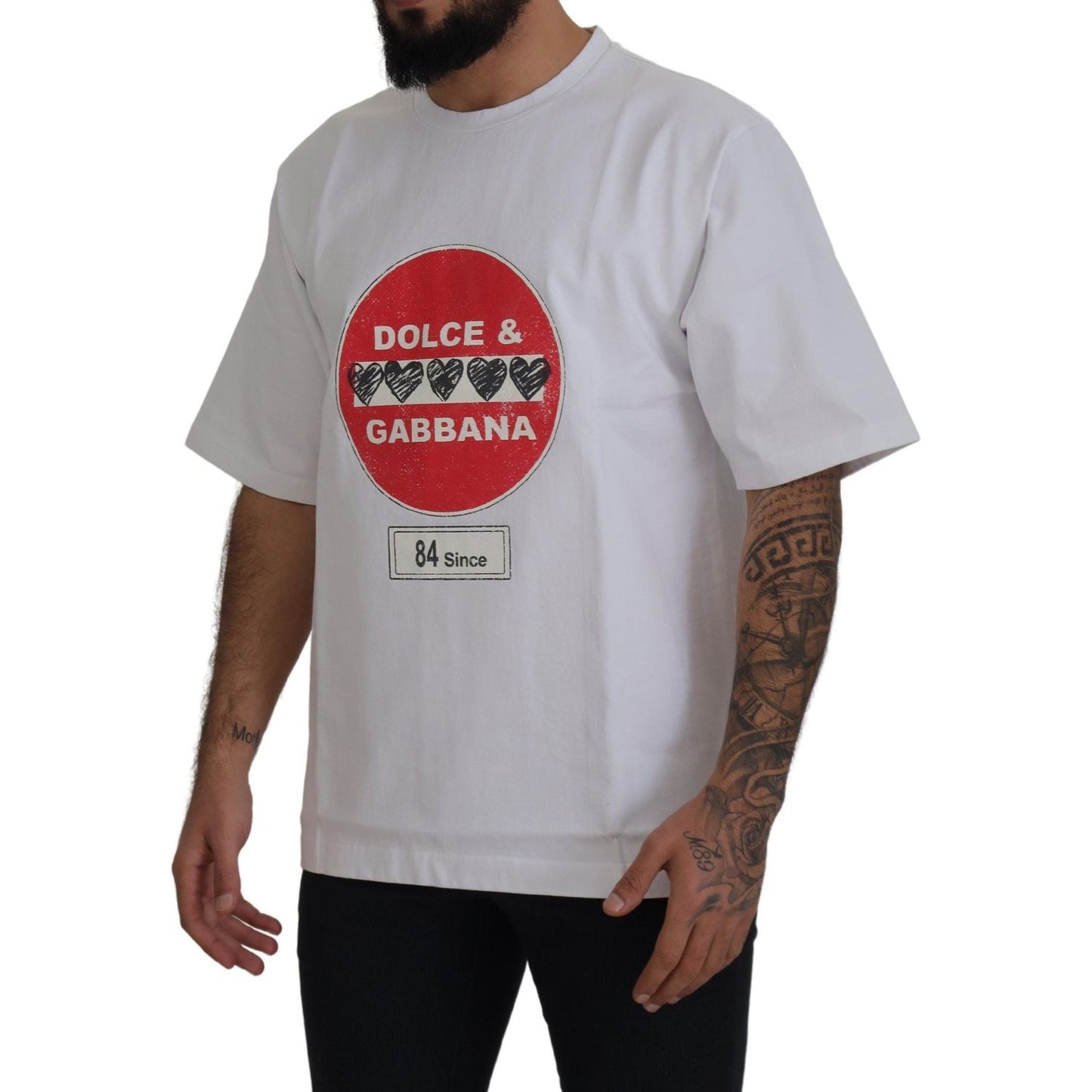 Dolce & Gabbana White Amor Heart Cotton Crewneck T-shirt TSH83070- S