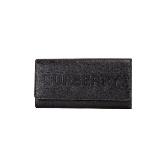 Burberry Porter Black Grained Leather Branded Logo Embossed Clutch Flap Wallet 44540