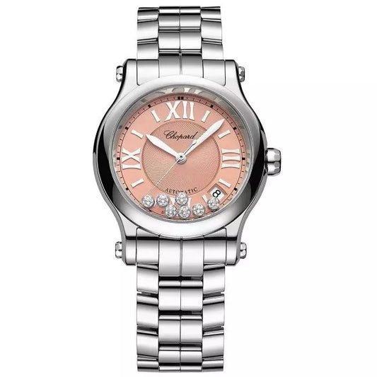 Luxury CHOPARD MOD. HAPPY SPORT AUTOMATIC W/Diamonds women’s wristwatch with stainless steel bracelet and sapphire dial, 36mm case.