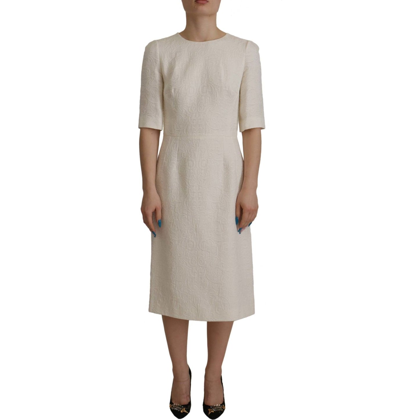 Dolce & Gabbana White Jaquard Midi Floral Sheath Brocade Dress