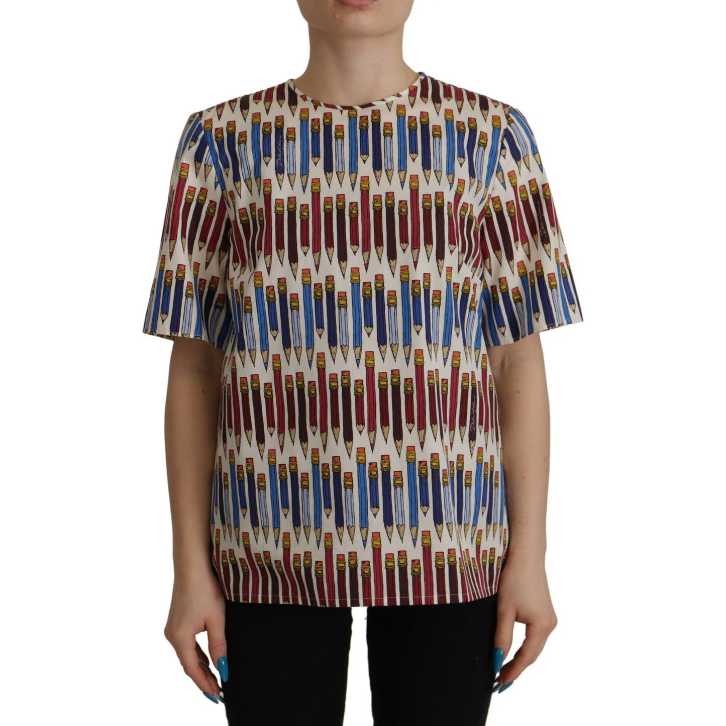 Dolce & Gabbana White Pencil Print Cotton T-shirt Blouse