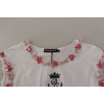 Dolce & Gabbana White DG Crown Floral Sequin T-shirt