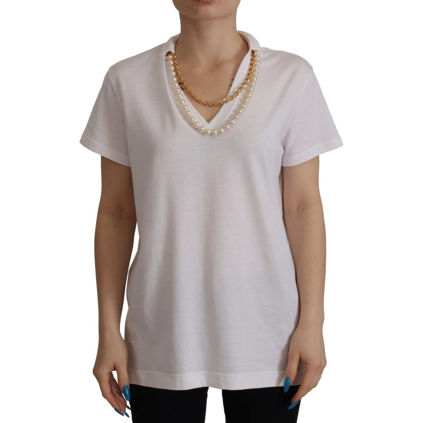 Dolce & Gabbana White Necklace Embellished Neckline T-shirt Top