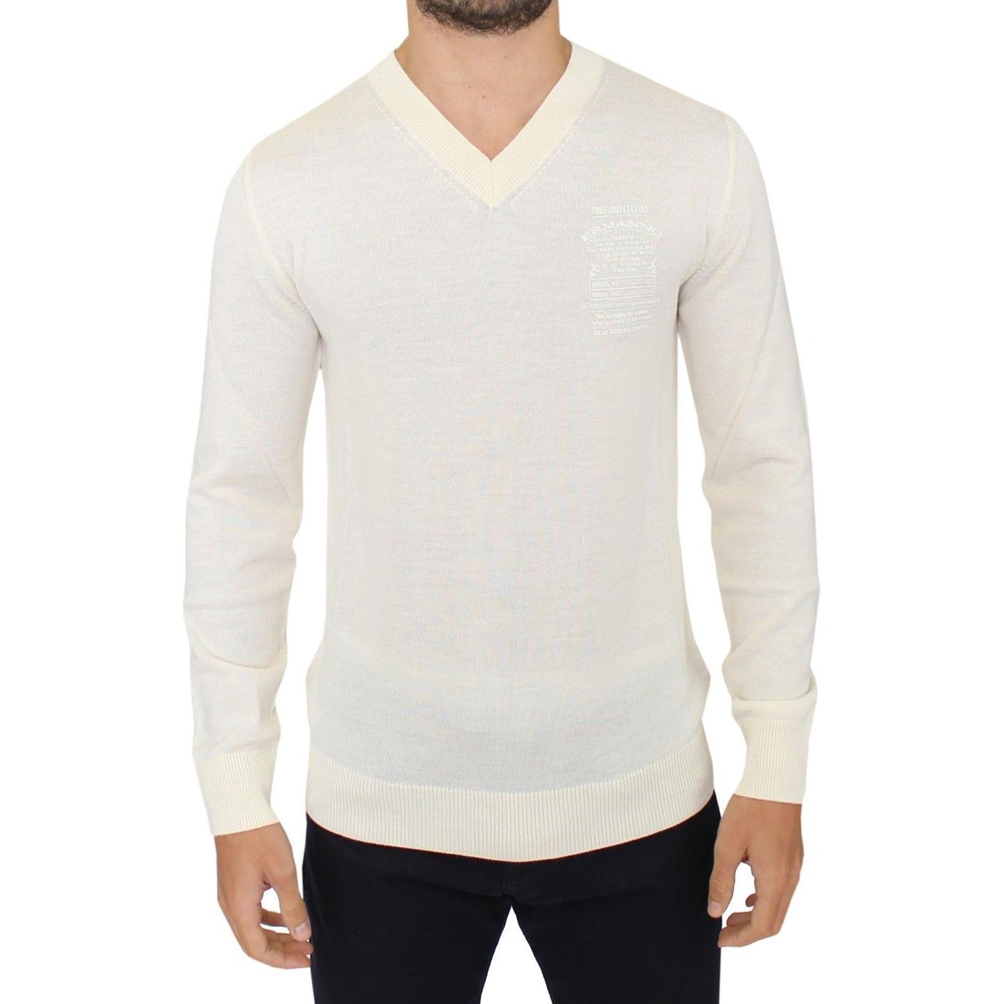 Ermanno Scervino Off White Wool Blend V-neck Pullover Sweater SIG10336-1