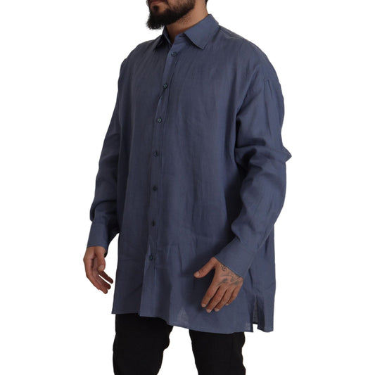 Dolce & Gabbana Dark Blue Linen Slim Fit Dress Formal Men Shirt