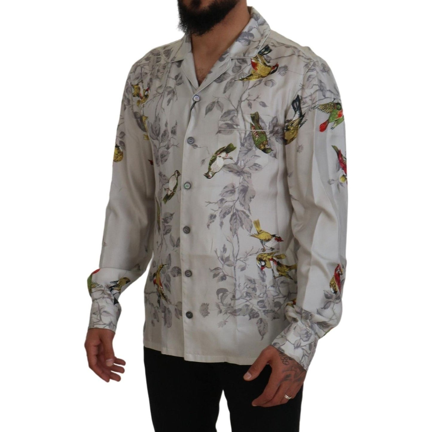 Dolce & Gabbana White Bird Print Silk Satin Casual Shirt