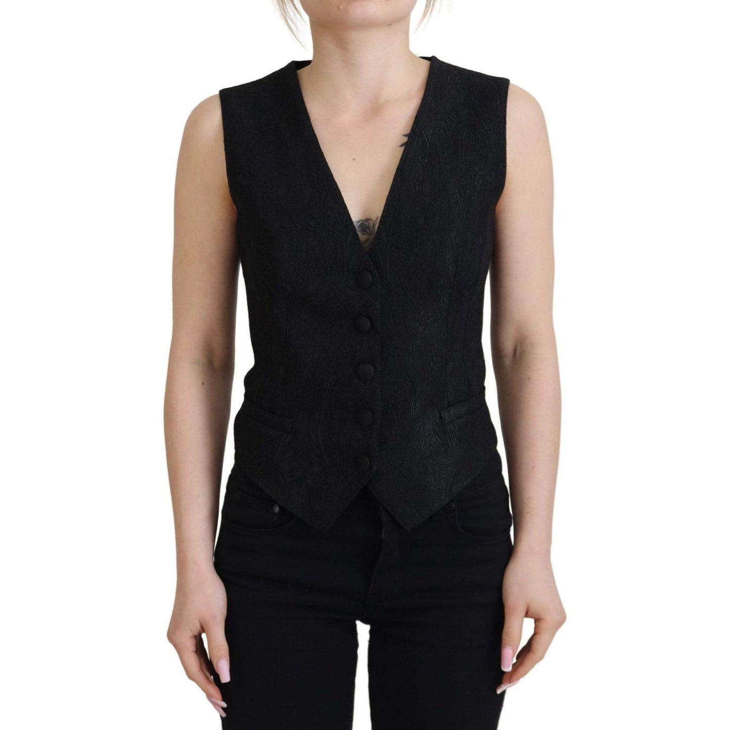 Dolce & Gabbana Black Brocade Button Down Sleeveless Vest Top 1728,67345645728,Black,Clothing,Dolce & Gabbana,IT40|S,Material: 59% Virgin Wool 37% Silk 4% Elastane,New with tags,Suits & Blazers - Clothing,Vests - Women - Clothing,Waistcoats - Suits & Blaz