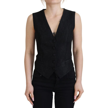 Dolce & Gabbana Black Brocade Button Down Sleeveless Vest Top 1728,67345645728,Black,Clothing,Dolce & Gabbana,IT40|S,Material: 59% Virgin Wool 37% Silk 4% Elastane,New with tags,Suits & Blazers - Clothing,Vests - Women - Clothing,Waistcoats - Suits & Blaz