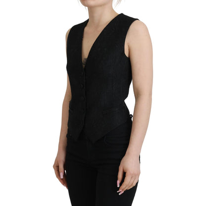 Dolce & Gabbana Black Brocade Button Down Sleeveless Vest Top 1728,67345645728,Black,Clothing,Dolce & Gabbana,IT40|S,Material: 59% Virgin Wool 37% Silk 4% Elastane,New with tags,Suits & Blazers - Clothing,Vests - Women - Clothing,Waistcoats - Suits & Blaz