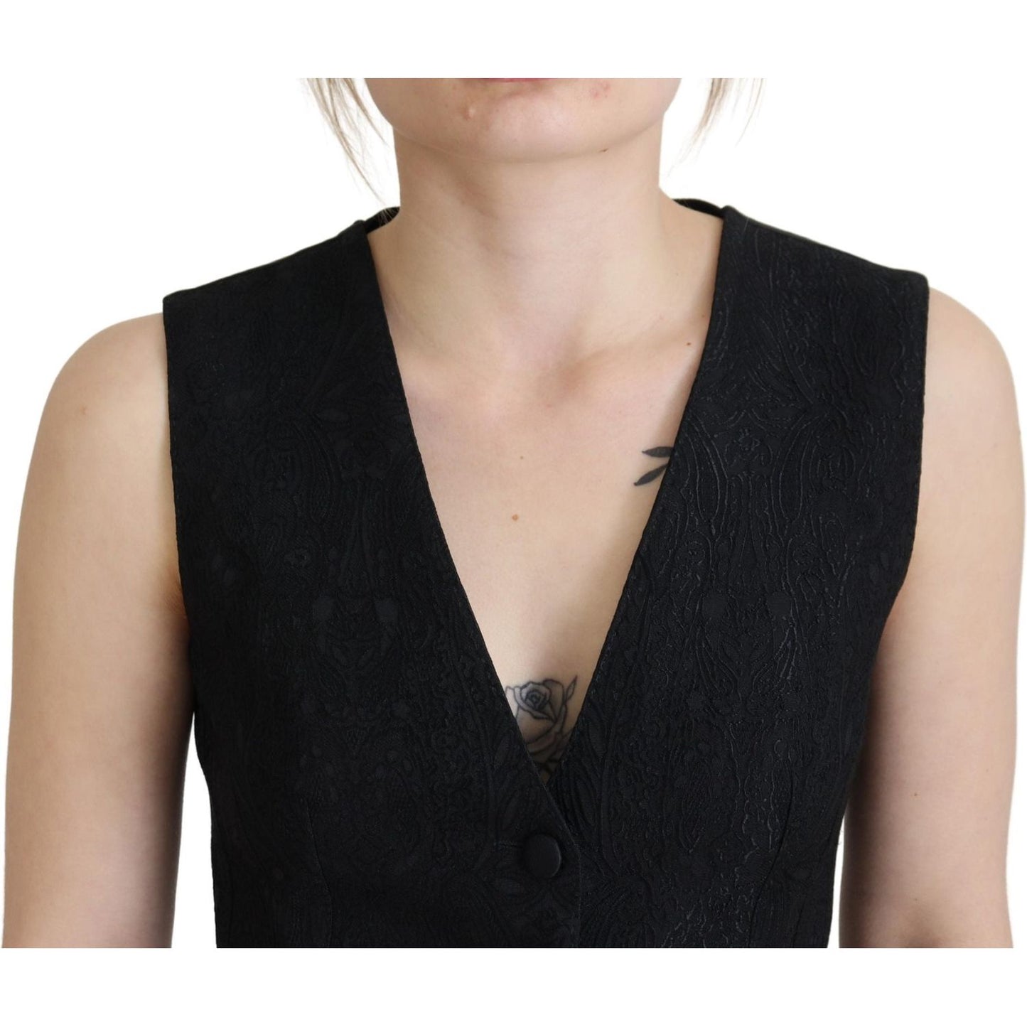 Dolce & Gabbana Black Brocade Button Down Sleeveless Vest Top 1728,67345645728,Black,Clothing,Dolce & Gabbana,IT40|S,Material: 59% Virgin Wool 37% Silk 4% Elastane,New with tags,Suits & Blazers - Clothing,Vests - Women - Clothing,Waistcoats - Suits & Blaz