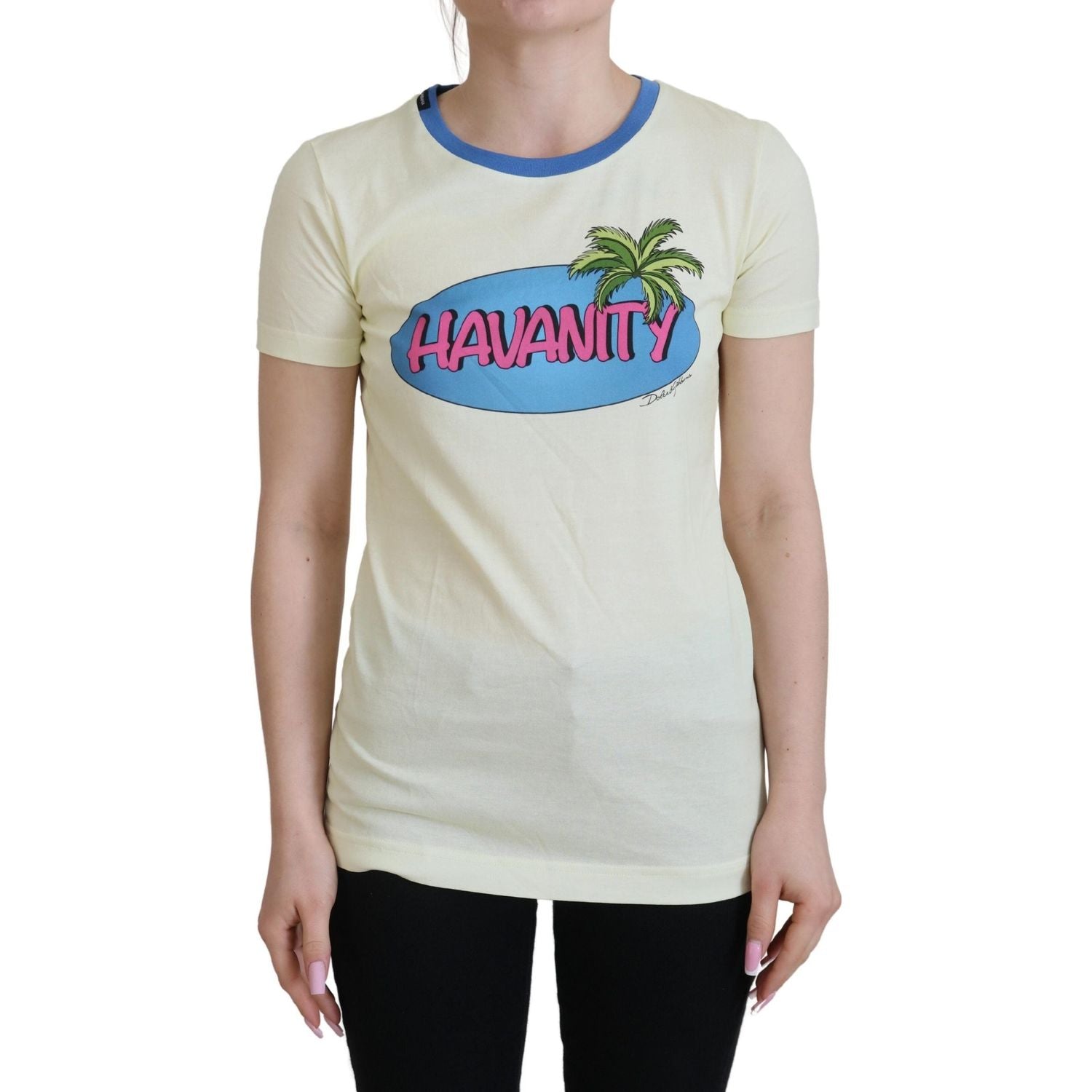 优雅黄色棉质 T 恤，带有别致的印花