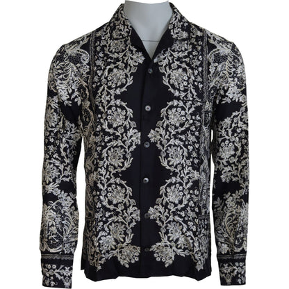 Dolce & Gabbana Blue Silk Floral Baroque Satin Casual Shirt