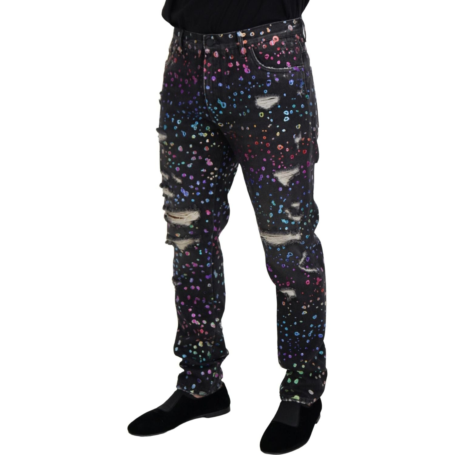 Dolce & Gabbana Black Multicolor Print Tattered Denim Jeans