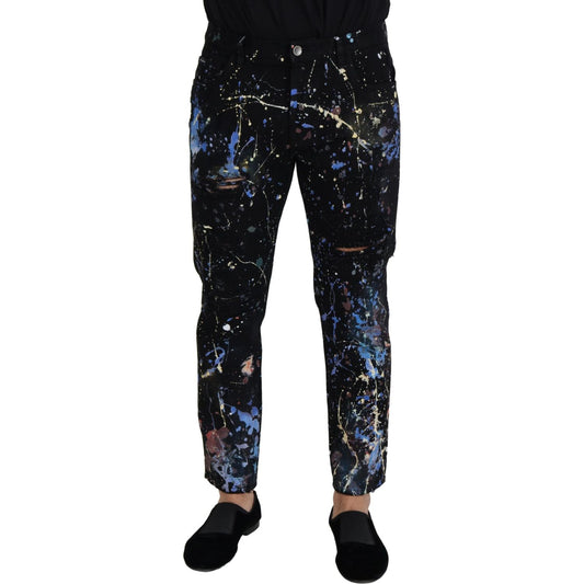 Dolce & Gabbana Black Cotton Color Splash Print Denim Jeans