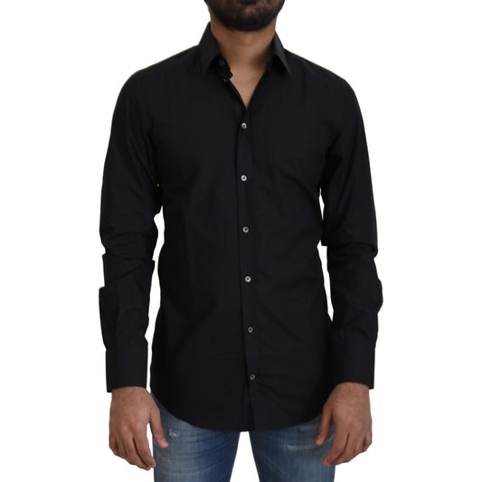 Dolce & Gabbana Black Cotton Slim Fit Formal Dress GOLD Shirt
