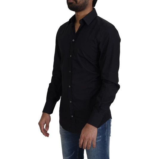 Dolce & Gabbana Black Cotton Slim Fit Formal Dress GOLD Shirt