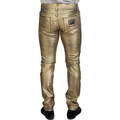 Dolce & Gabbana Gold Cotton Tattered Skinny Men Denim Jeans