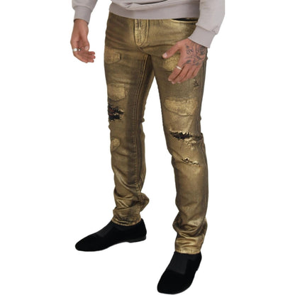 Dolce & Gabbana Gold Cotton Tattered Skinny Men Denim Jeans