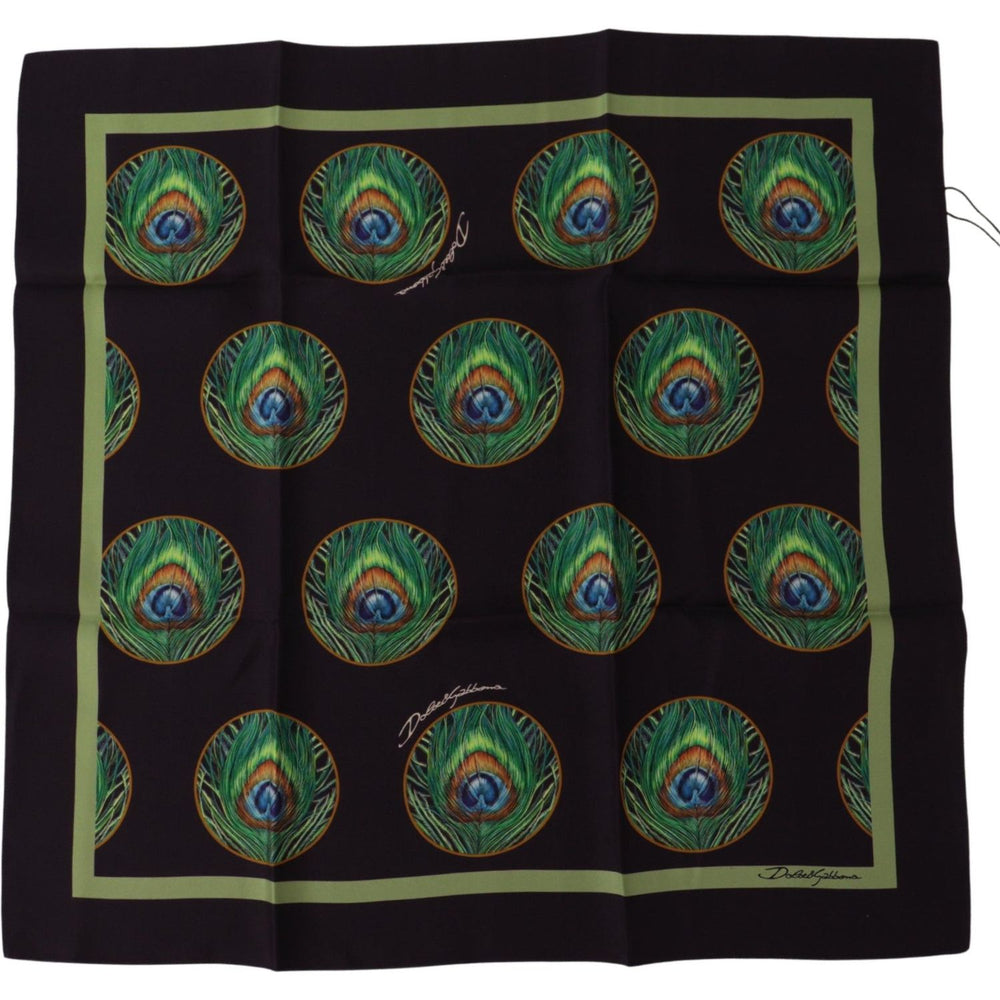 Dolce & Gabbana Black Peacock Feather DG Printed Square Handkerchief Scarf MS6283