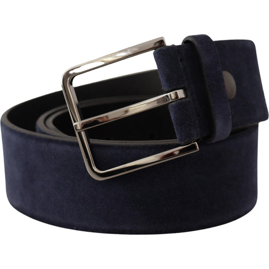 Dolce & Gabbana Navy Blue Velvet Leather Silver Logo Buckle Belt BEL8427 -90