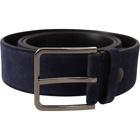Dolce & Gabbana Navy Blue Velvet Leather Silver Logo Buckle Belt BEL8427 -90