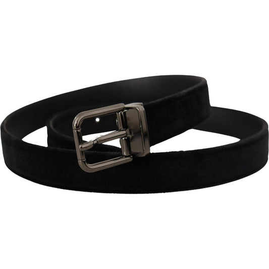 Dolce & Gabbana Black Velvet Silver Tone Logo Metal Buckle Belt BEL8434 -75