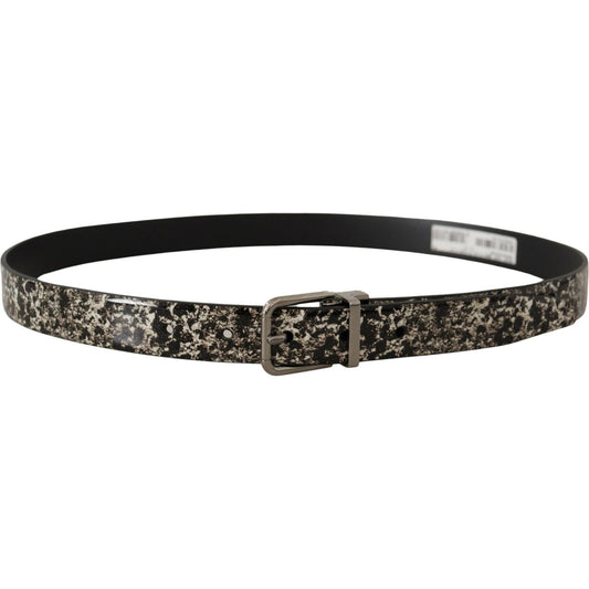 Dolce & Gabbana Black Marble Print Leather Silver Logo Buckle Belt BEL8440- 90