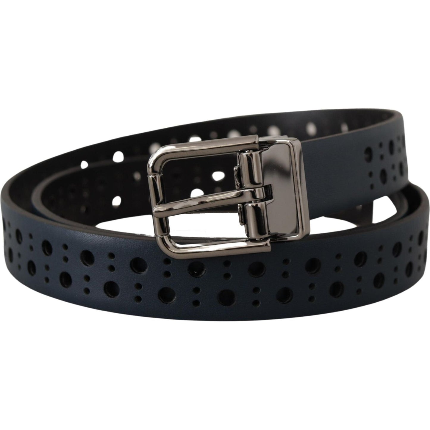 Dolce & Gabbana Navy Blue Perforated Leather Skinny Metal Buckle Belt