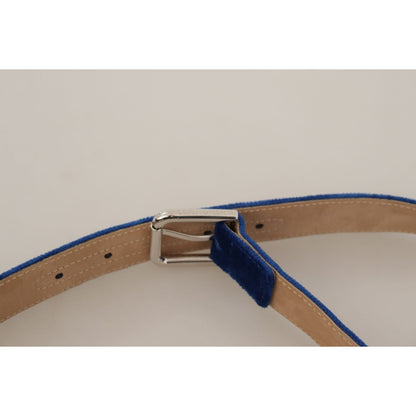 Dolce & Gabbana Blue Velvet Silver Logo Engraved Metal Buckle Belt