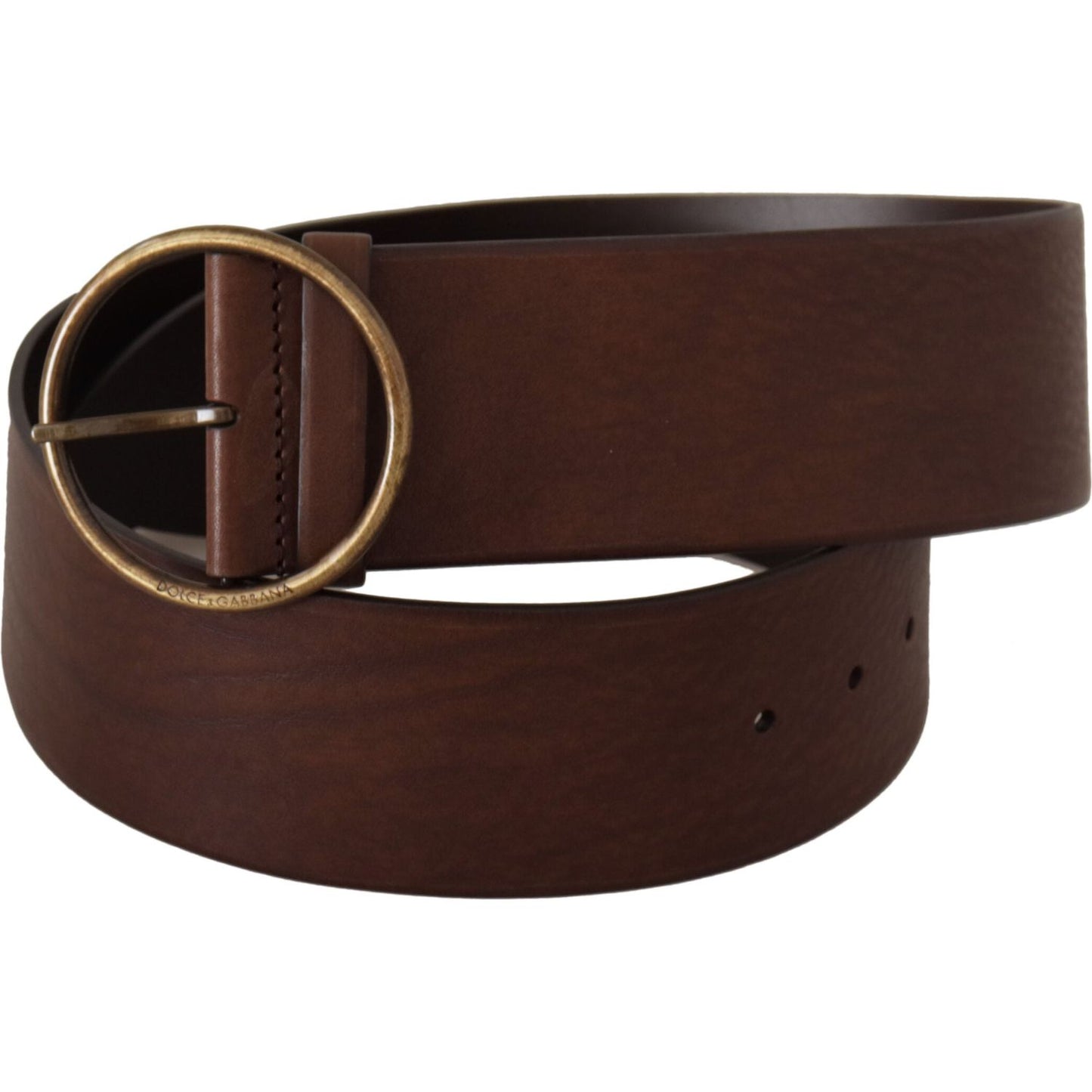 Dolce & Gabbana Brown Leather Wide Waist Logo Metal Round Buckle Belt