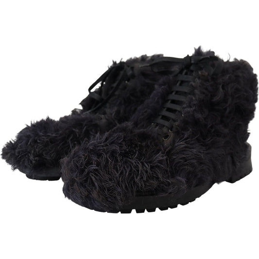 Dolce & Gabbana Black Leather Combat Shearling Boots Shoes