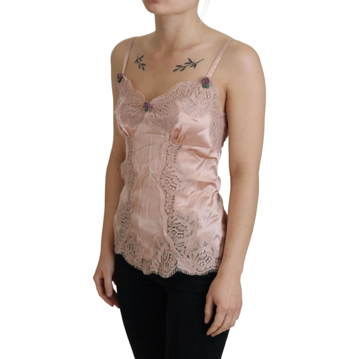 Dolce & Gabbana Pink Satin Lace Roses Tank Top Lingerie