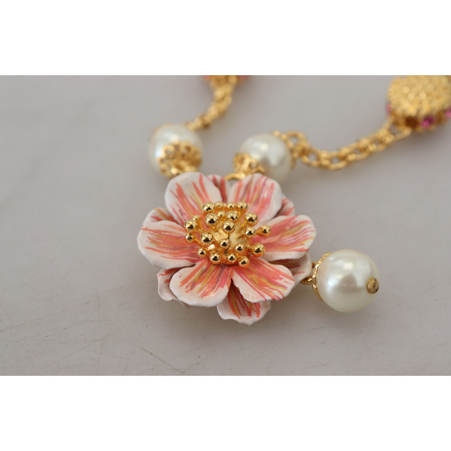 Dolce & Gabbana Gold Tone Floral Crystals Pink Embellished Necklace