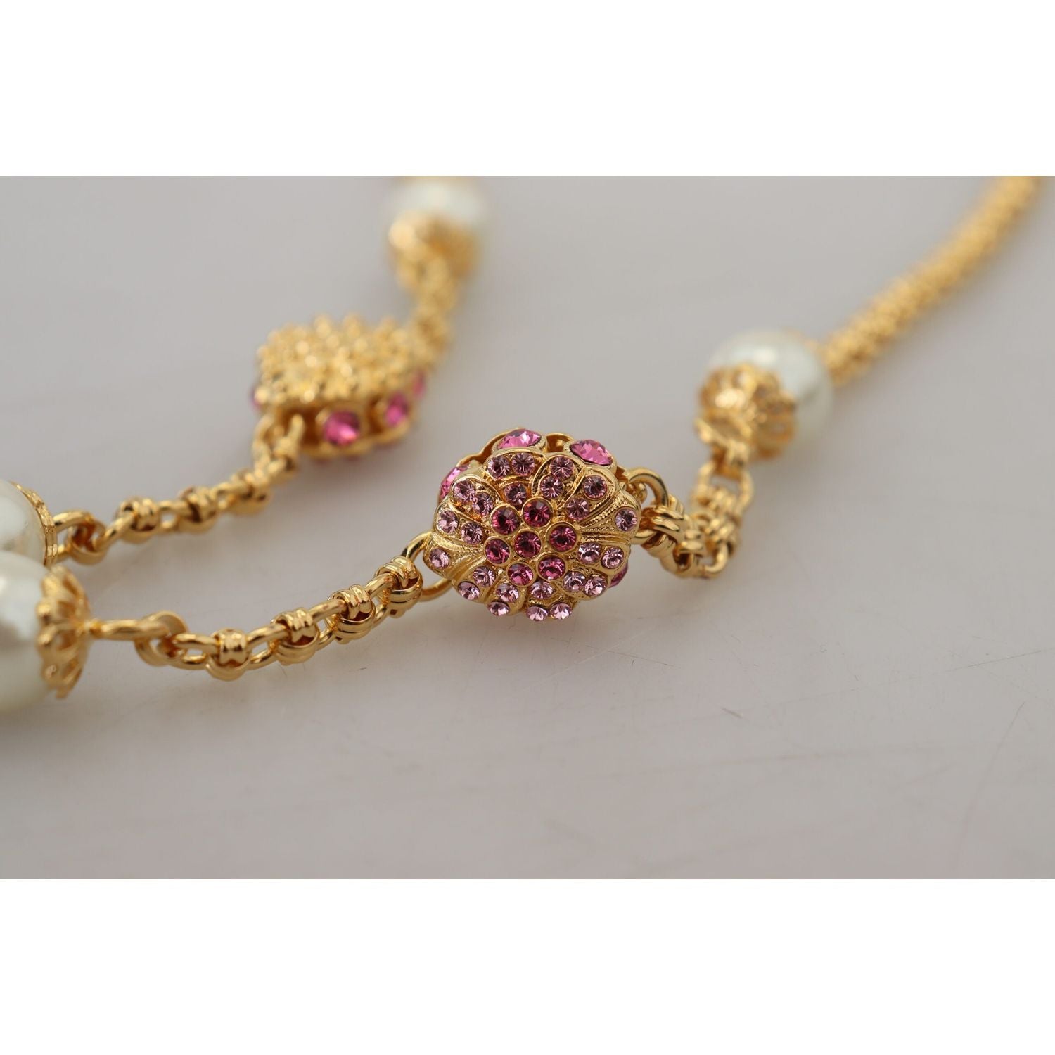 Dolce & Gabbana Gold Tone Floral Crystals Pink Embellished Necklace