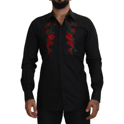 Dolce & Gabbana Black Floral Embroidery Men Long Sleeves GOLD Shirt
